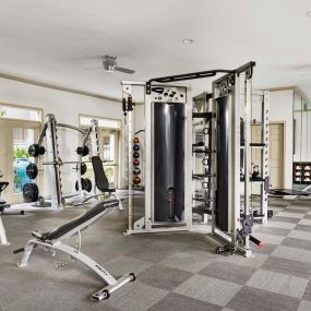 Fitness center with free-weights at Camden Midtown Apartments in Houston, TX