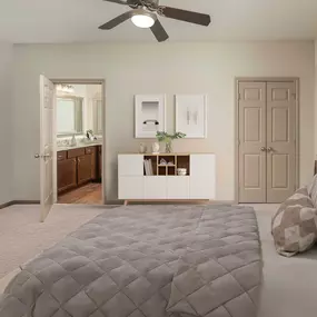 Spacious bedroom with walk-in closet and ensuite bathroom at Camden Midtown Apartments in Houston, TX