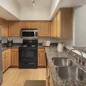 Traditional style kitchen with granite countertops and stainless steel appliances at Camden Midtown Apartments in Houston, TX