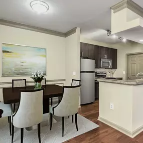 Dining room and kitchen with wood look flooring