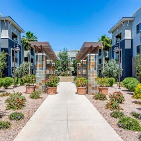 Landscaped walkway between buildings