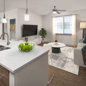 Open concept kitchen and living room with space to work from home