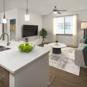 Open concept kitchen and living room with space to work from home