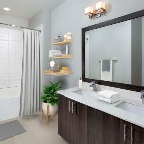 Bathroom with double vanity sink and bathtub and shower combination
