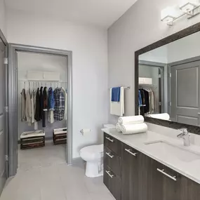 Bathroom with undermount sink, large framed mirror, and walk-in closet