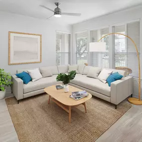 First-floor living room with wood-style flooring and large windows