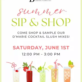 Cheers to the start of summer!!????☀️ Kick off the season with our sip and shop event, where you can sample delicious cocktail slushies and shop the latest summer styles! We can’t wait to see you there! ????