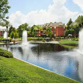 Manicured walking trails with fountains