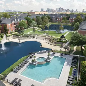 Aerial View of the community showing the lakes with fountains and pool