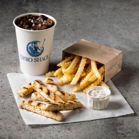 Chicken Stips - Grilled chicken strips, with a choice of fries, chips, applesauce, or veggies. Beverage options include milk or a fountain drink.
