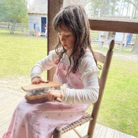 Learn how early islanders turned sheep’s wool into clothing with this hands-on lesson! Participating farm-goers will card and spin wool into personal bracelet keepsakes, while learning about the farm’s sheep and fabric making tools.