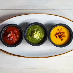 Salsa Sampler with salsa fresca, spicy avocado verde, apricot habanero, corn tortilla chips