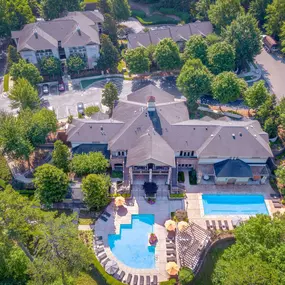 Aerial view clubhouse pools