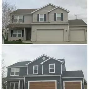 Stunning before and after of a vinyl siding and garage door replacement.