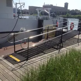 Doug Draeger and the Amramp Michigan team recently installed a wheelchair ramp for the Grand Valley State University water research vessel W. G. Jackson on Lake Michigan. The wheelchair ramp allows all passengers to safely board the vessel for summer tours.