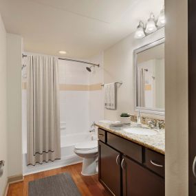 Single Vanity Bathroom with Stand up and Bathtub Combination at Camden Greenway Apartments in Houston, TX