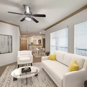 Open-concept living room with large windows and natural lighting at Camden Greenway Apartments in Houston, TX