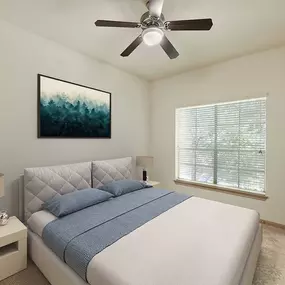 Bedroom with ceiling fan and carpet at Camden Greenway Apartments in Houston, TX