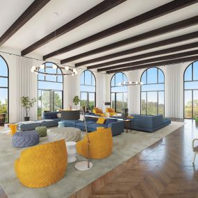 Resident lounge with large arched windows