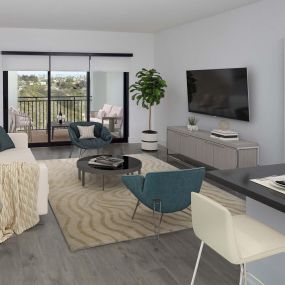 Camden Hillcrest apartments San Diego CA open concept kitchen and living room with patio