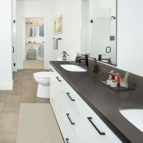 Concrete-inspired dual sink vanity in a five-fixture main bathroom with ensuite walk-in closet