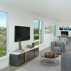 Open-concept living room with flex space for a home office