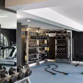 Camden Hillcrest Apartments San Diego CA fitness center with rope trainer dumbbells free weights rowing machine stability balls and kettle bells