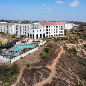 Camden Hillcrest Apartments San Diego CA aerial view of the community showing nearby hiking trail