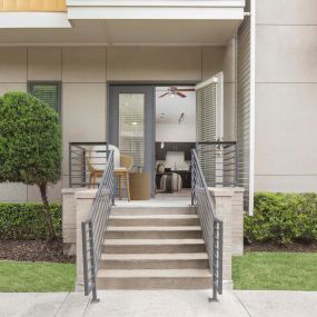Walk-up patio with view into modern style apartment at Camden Belmont apartments in Dallas, Tx