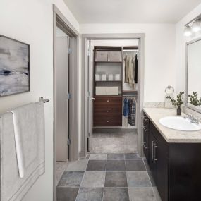 Bathroom with custom California walk-in closet at Camden Belmont apartments in Dallas, Tx