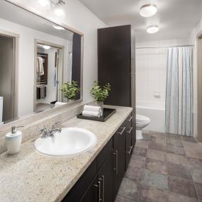 Contemporary-style bathroom with walk-in closet and stackable washer and dryer at Camden Belmont apartments in Dallas, Tx
