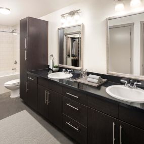 Urban style bathroom with double sink vanity