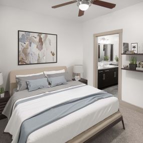 Bedroom with carpet and ensuite at Camden Belmont apartments in Dallas, Tx