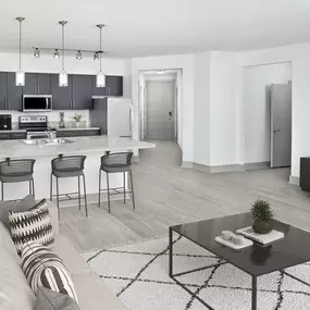 First-floor two-bedroom apartment home with wood-style flooring throughout at at Camden Belmont apartments in Dallas, TX