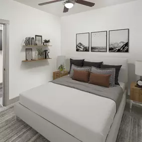 Bedroom with ensuite and plush carpet at Camden Belmont apartments in Dallas, TX