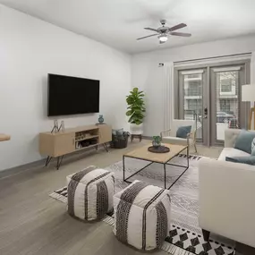 Modern-style living room with wood-style floors at Camden Belmont apartments in Dallas, Tx