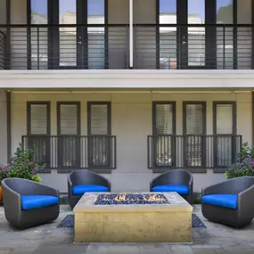 Poolside firepit and seating at Camden Belmont apartments in Dallas, TX