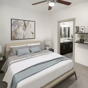 Bedroom with carpet and ensuite at Camden Belmont apartments in Dallas, Tx