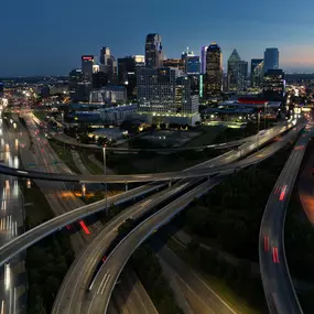 Dallas skyline near Camden apartments in Dallas, TX