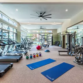 Fitness center free weights and room for stretching