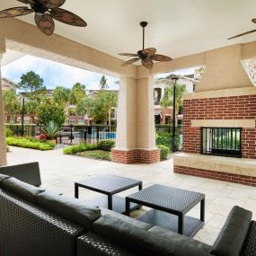 Outdoor lounge with fireplace