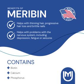 Meribin Supplement - Biotin for skin & nail health, improved metabolism regulation, prevention of hair loss, lessening of rashes, & mood regulation. By Mericon Industries
