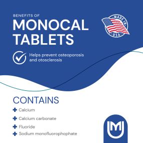 Monocal - Calcium & Fluoride Supplement for prevention and remediation of otosclerosis, prevention and remediation of osteoporosis, bone health, & teeth and gum health. By Mericon Industries