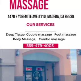 Our traditional full body massage in Madera, CA 
includes a combination of different massage therapies like 
Swedish Massage, Deep Tissue, Sports Massage, Hot Oil Massage
at reasonable prices.