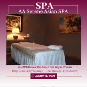 AA Serene Asian Spa is the place where you can have tranquility, absolute unwinding and restoration of your mind, 
soul, and body. We provide to YOU an amazing relaxation massage along with therapeutic sessions 
that realigns and mitigates your body with a light to medium touch utilizing smoother strokes.