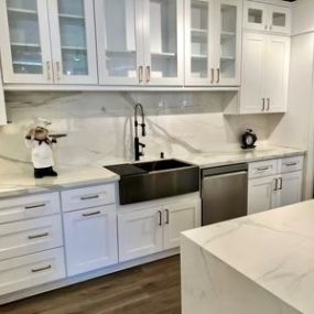 Kitchen remodel in dreamy all white tones, with a splash of black in the Farmers sink