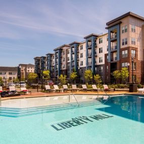 Liberty Mill Apartments building and pool