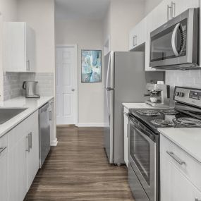 Kitchen with stainless steel appliances at Camden Governors Village Apartments in Chapel Hill, NC