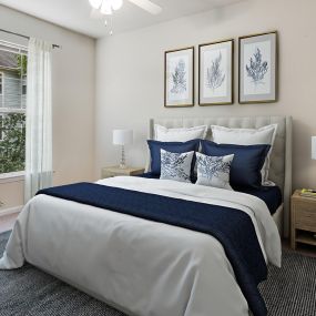 Bedroom with carpet and ceiling fan at Camden Governors Village Apartments in Chapel Hill, NC