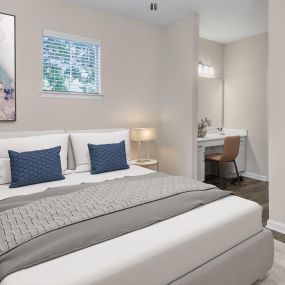 Bedroom with seated vanity area at Camden Governors Village Apartments in Chapel Hill, NC